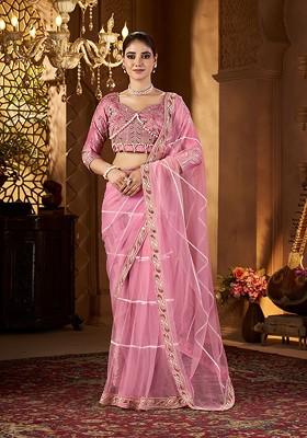 Pink Embellished Blended Saree Set
