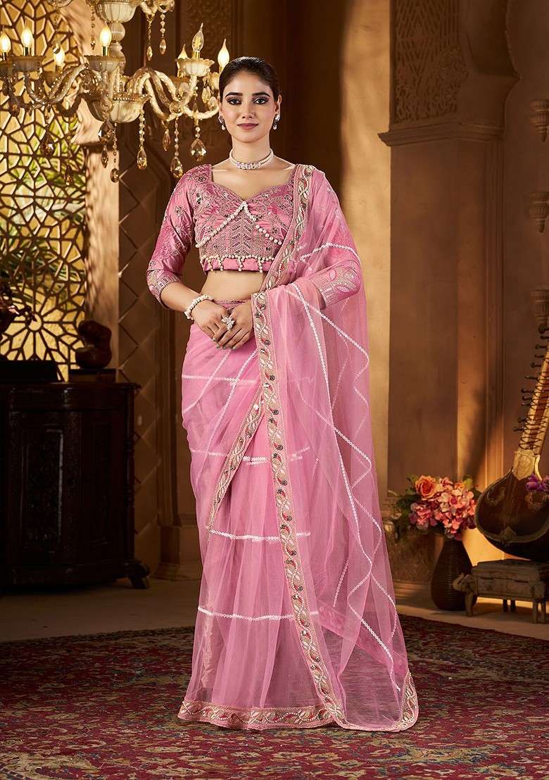 Pink Embellished Blended Saree Set for Diwali | Wedding & Festive Wear - Indya