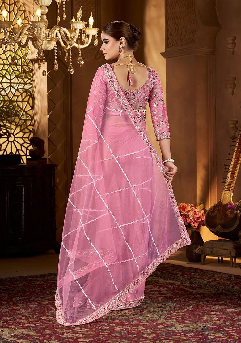 Pink Embellished Blended Saree Set - Indya
