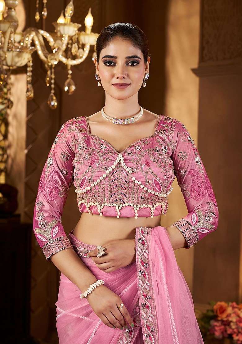 Pink Embellished Blended Saree Set for Diwali | Wedding & Festive Wear - Indya
