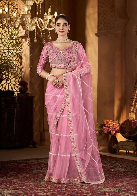 Pink Embellished Blended Saree Set for Diwali | Wedding & Festive Wear