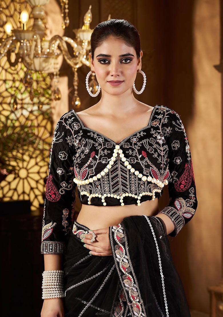 Black Embellished Blended Saree Set - Indya