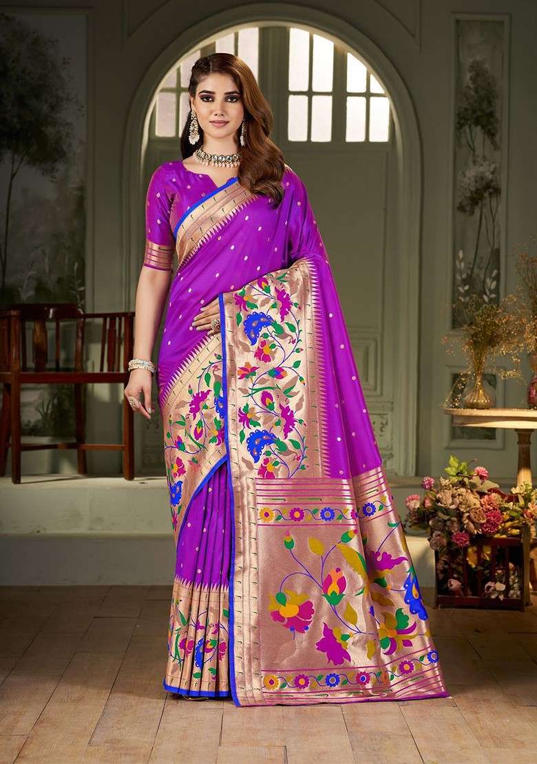 Purple Embroidered Blended Saree Set - Indya