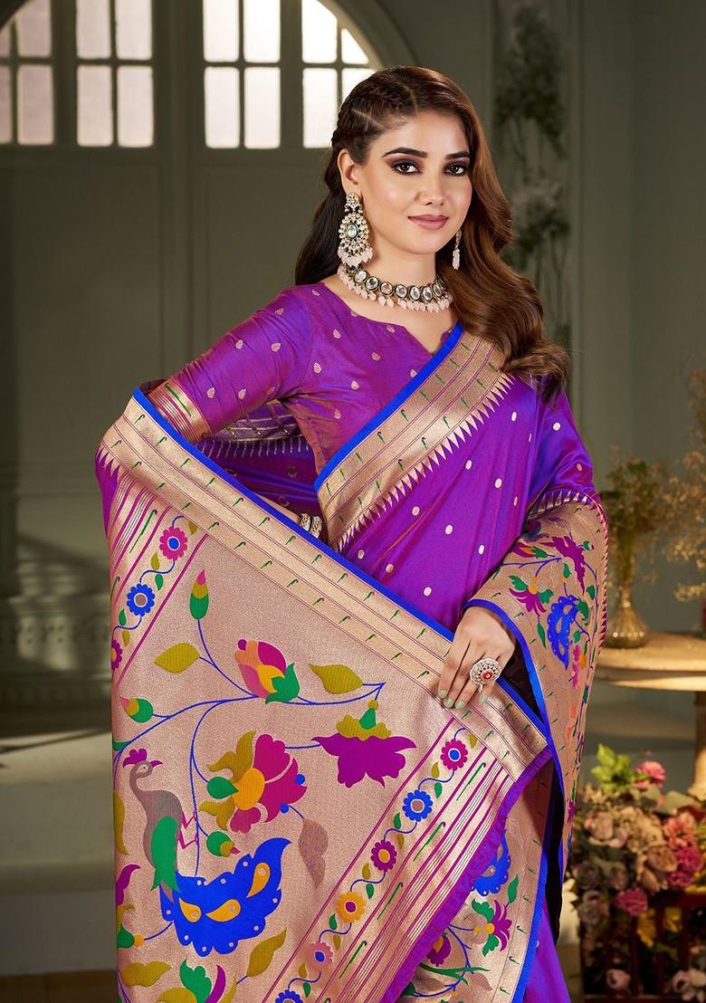 Purple Embroidered Blended Saree Set - Indya
