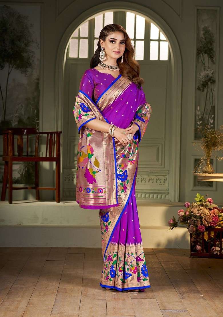 Purple Embroidered Blended Saree Set - Indya