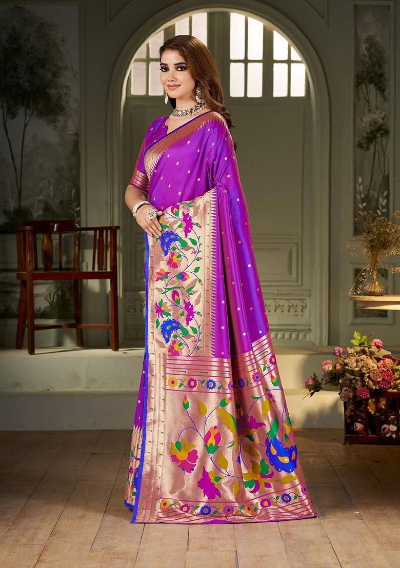 Purple Embroidered Blended Saree Set - Indya