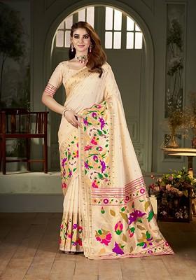 Cream Zari Printed Blended Saree Set