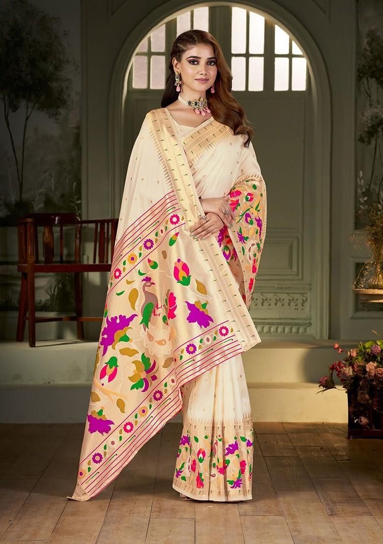 Cream Zari Printed Blended Saree Set - Indya