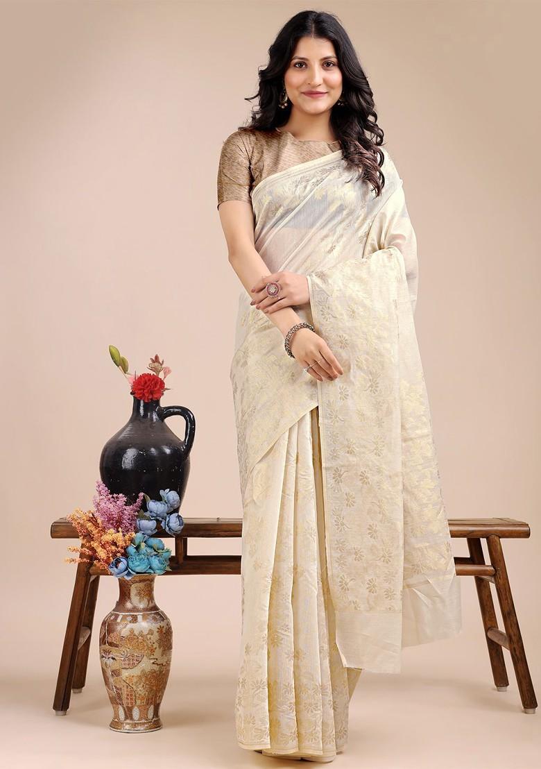 Off White Zari Printed Blended Saree Set - Indya