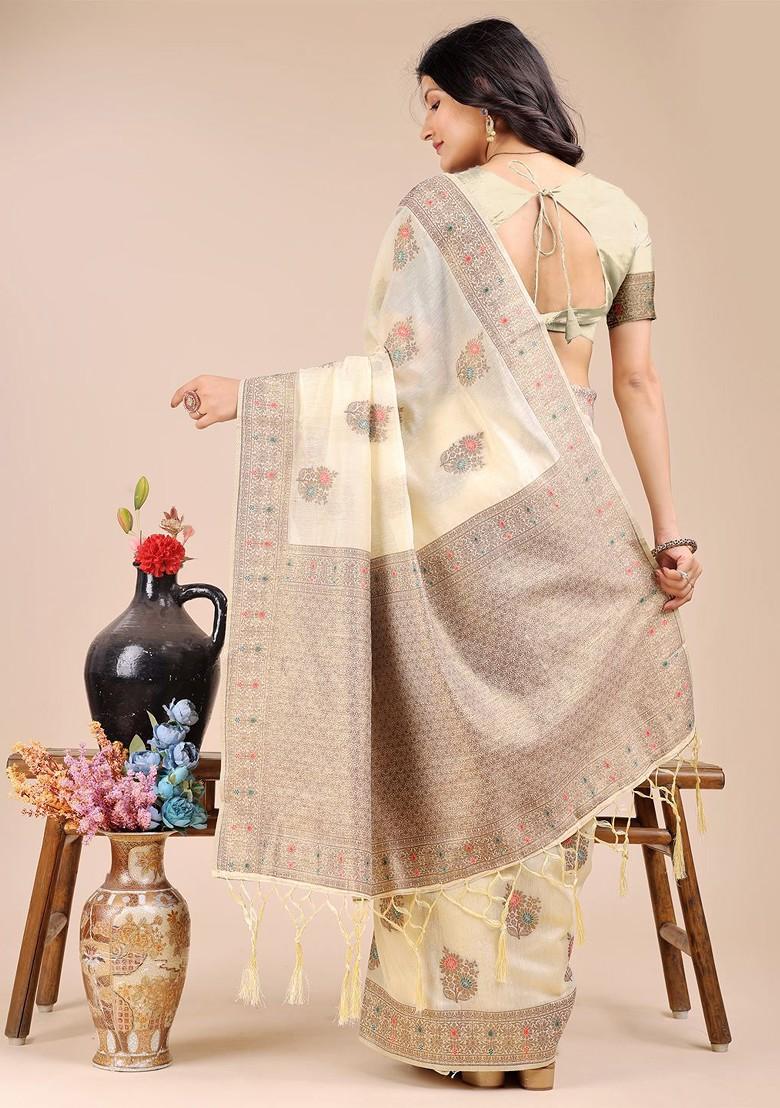 Cream Zari Printed Blended Saree Set - Indya