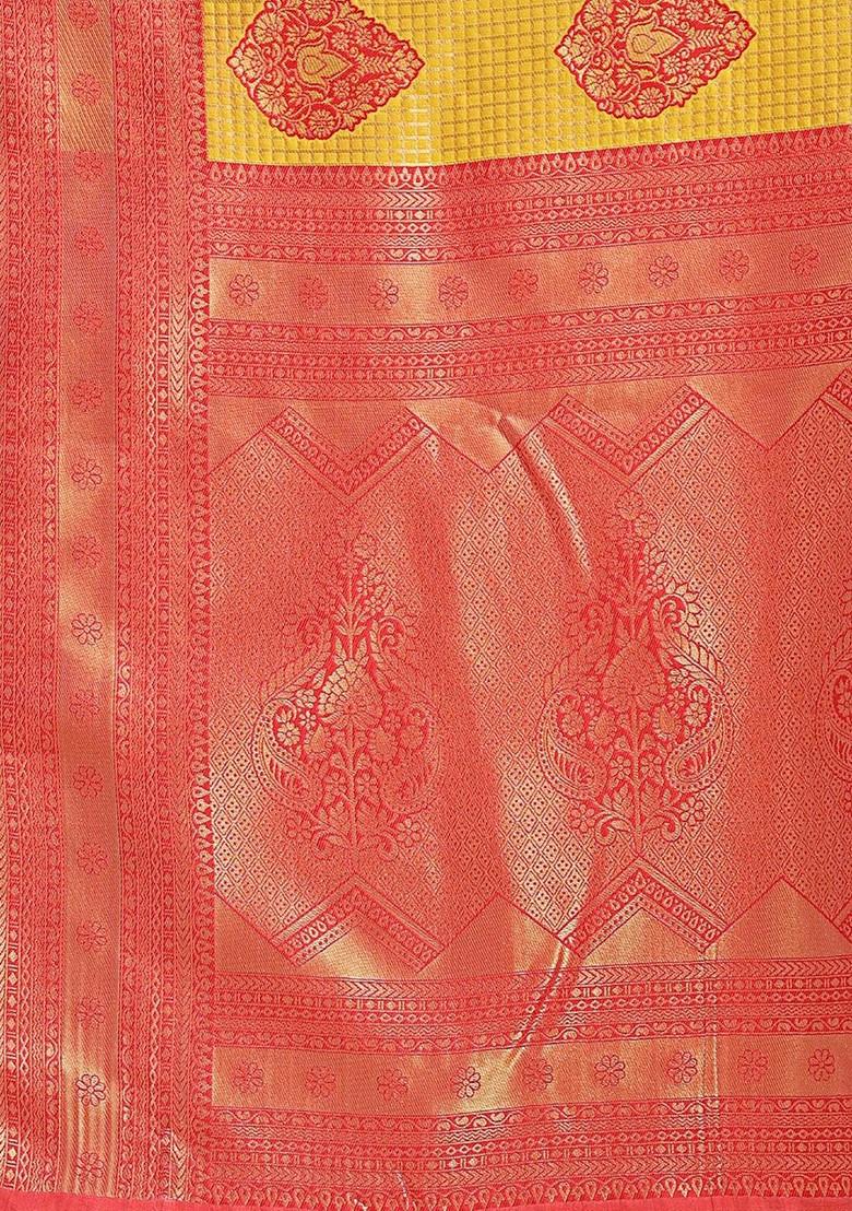 Yellow Embroidered Blended Saree Set - Indya