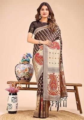 Brown Zari Printed Blended Saree Set