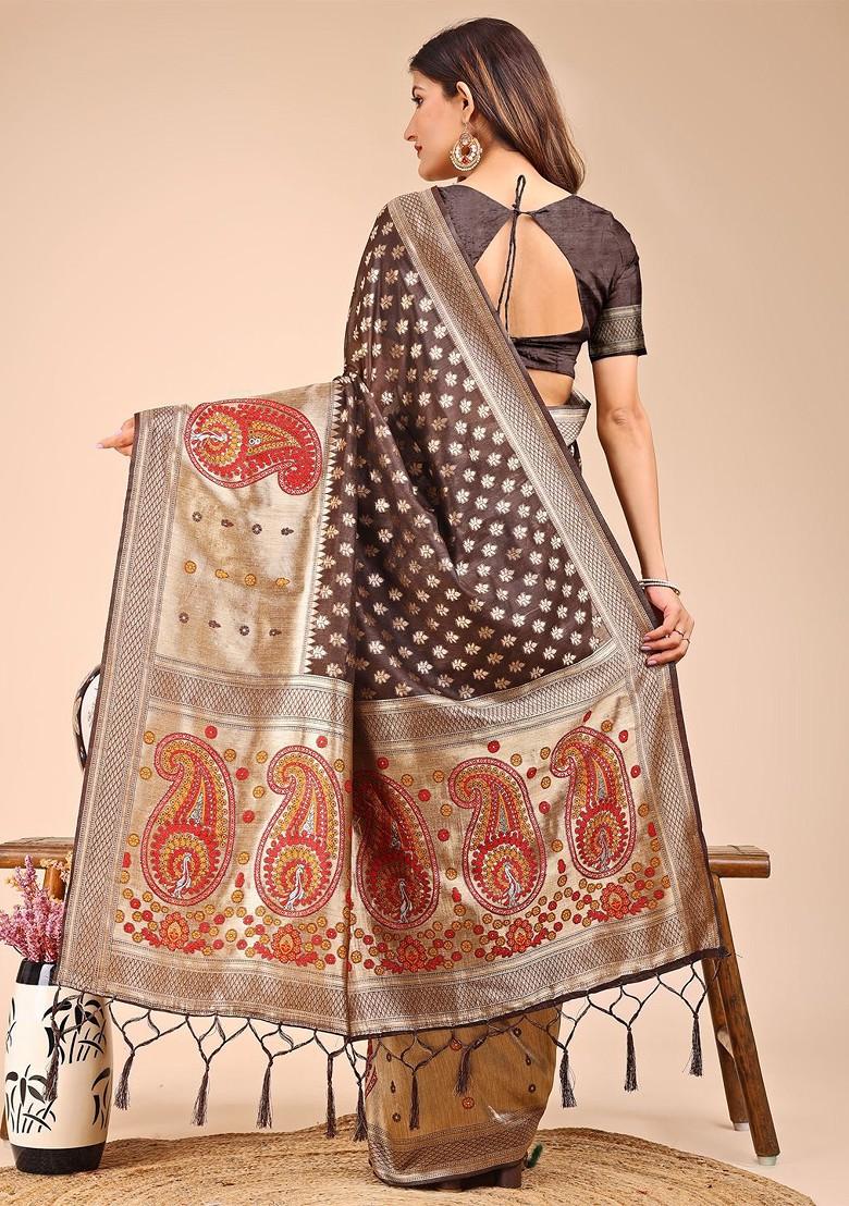 Brown Zari Printed Blended Saree Set - Indya