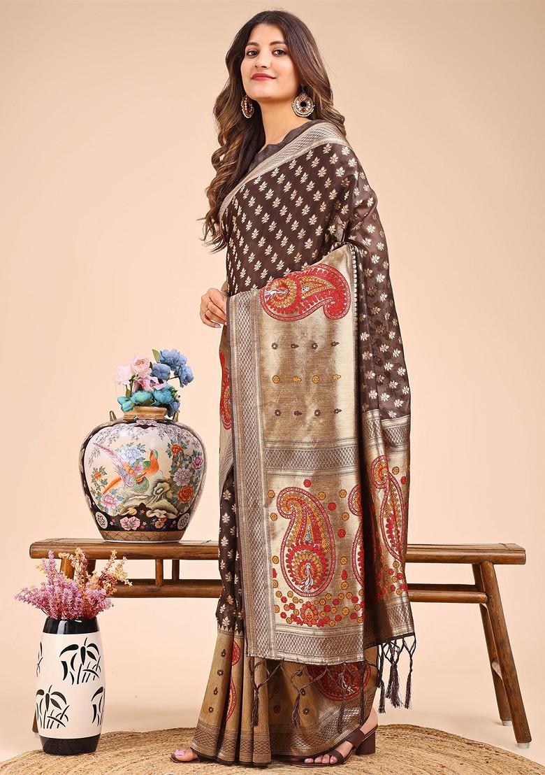 Brown Zari Printed Blended Saree Set - Indya