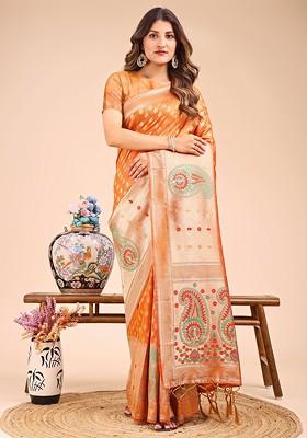 Orange Zari Printed Blended Saree Set