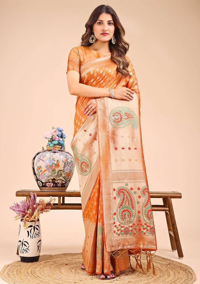 Orange Zari Printed Blended Saree Set - Indya