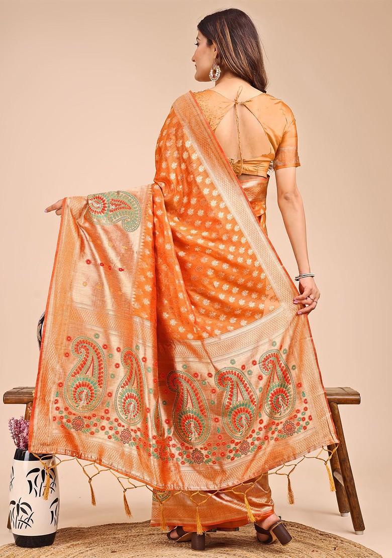 Orange Zari Printed Blended Saree Set - Indya