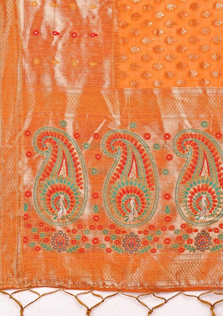 Orange Zari Printed Blended Saree Set - Indya