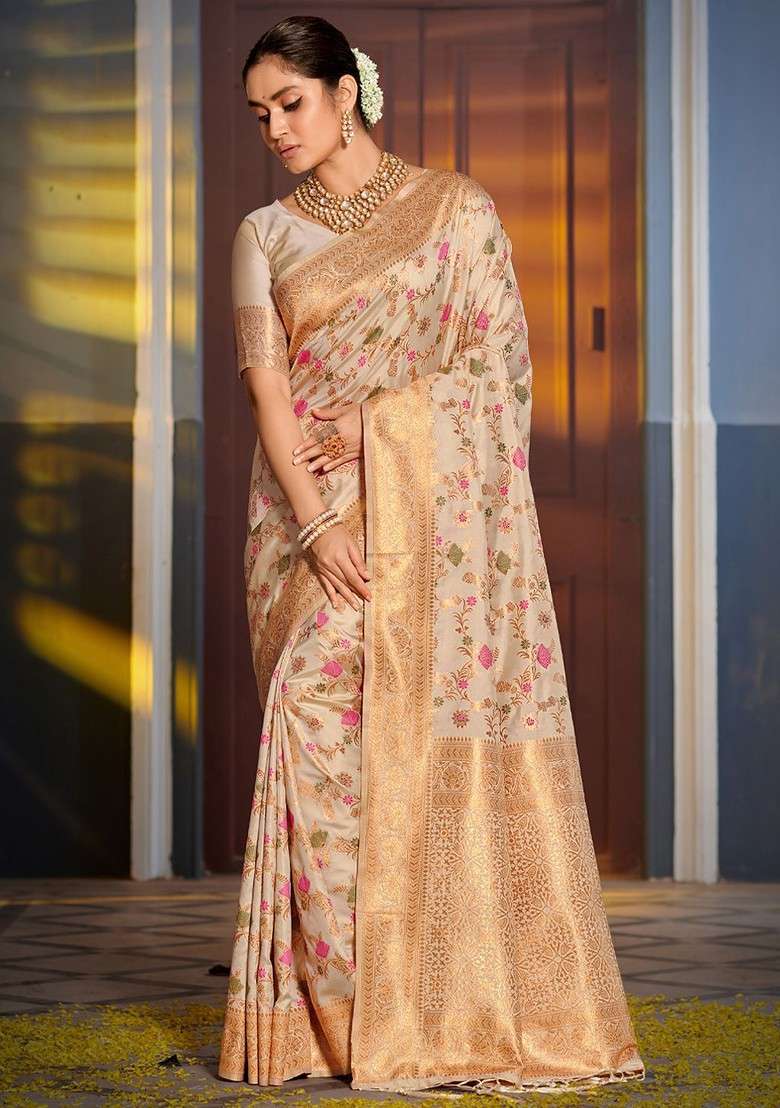 Beige Zari Printed Blended Saree Set for Diwali and Festive Wear - Indya
