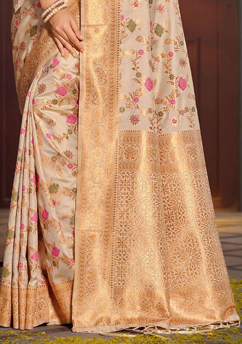 Beige Zari Printed Blended Saree Set - Indya