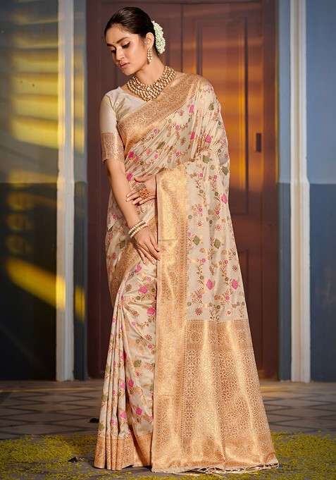 Beige Zari Printed Blended Saree Set for Diwali and Festive Wear
