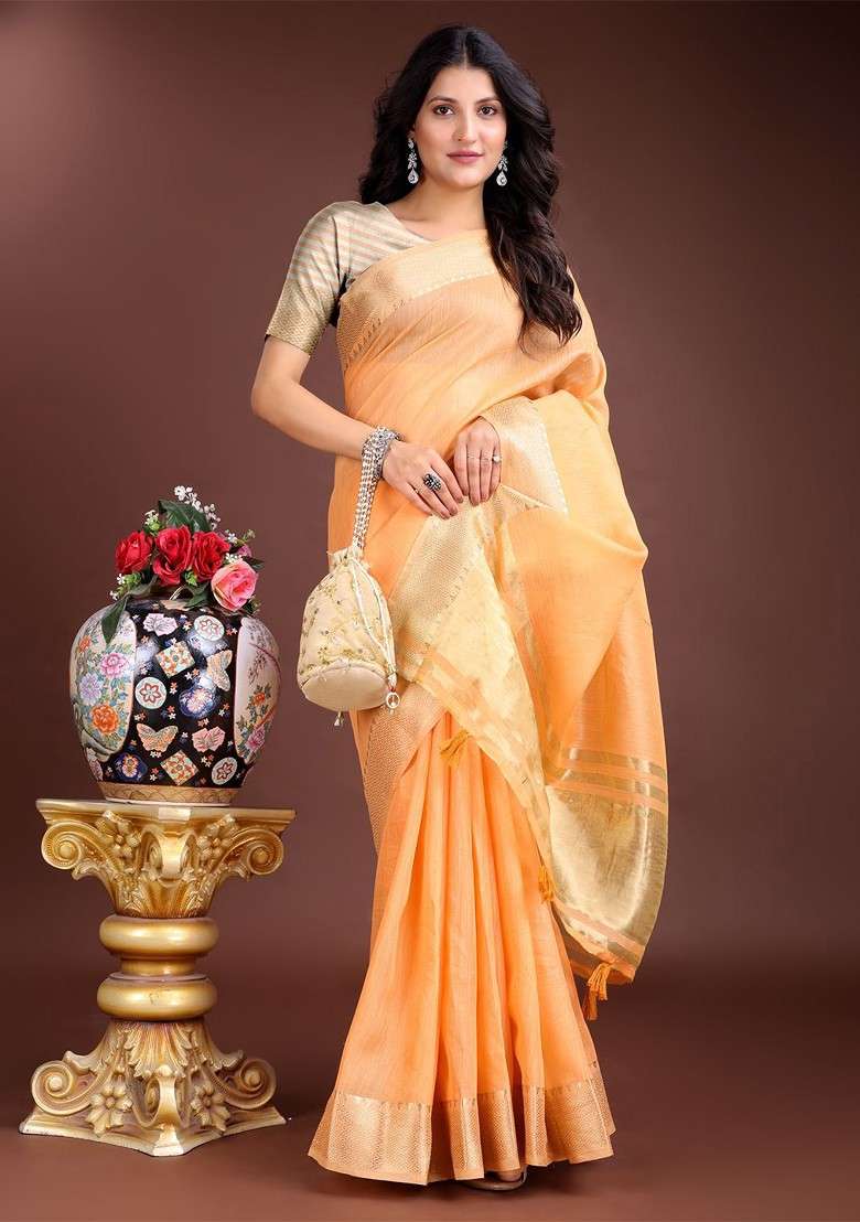 Orange Zari Printed Blended Saree Set - Indya