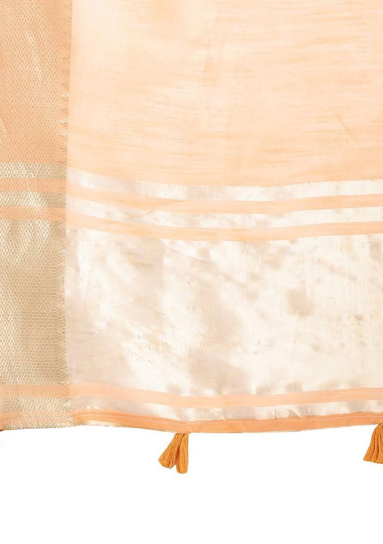 Orange Zari Printed Blended Saree Set - Indya