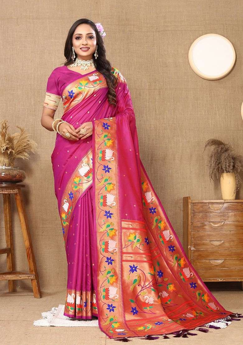 Magenta Zari Blended Saree Set with Printed for Diwali | Wedding & Festive Wear - Indya