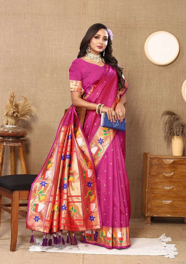 Magenta Zari Blended Saree Set with Printed for Diwali | Wedding & Festive Wear - Indya