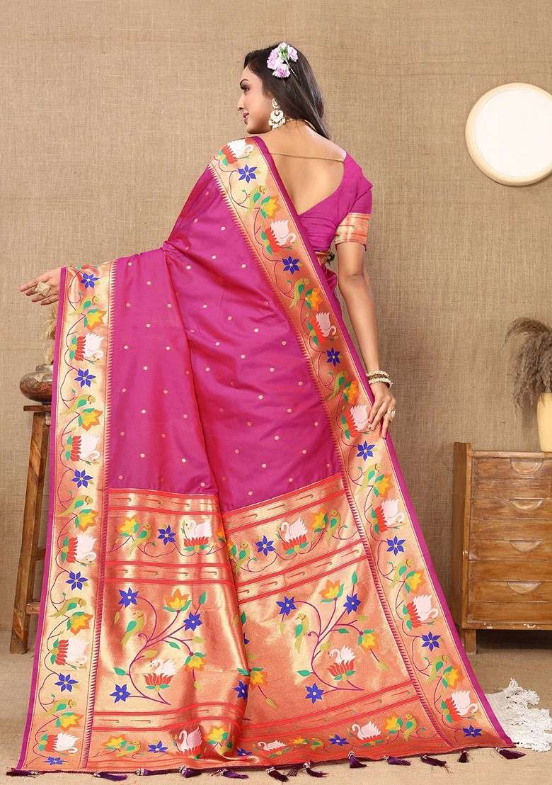 Magenta Zari Blended Saree Set with Printed for Diwali | Wedding & Festive Wear - Indya