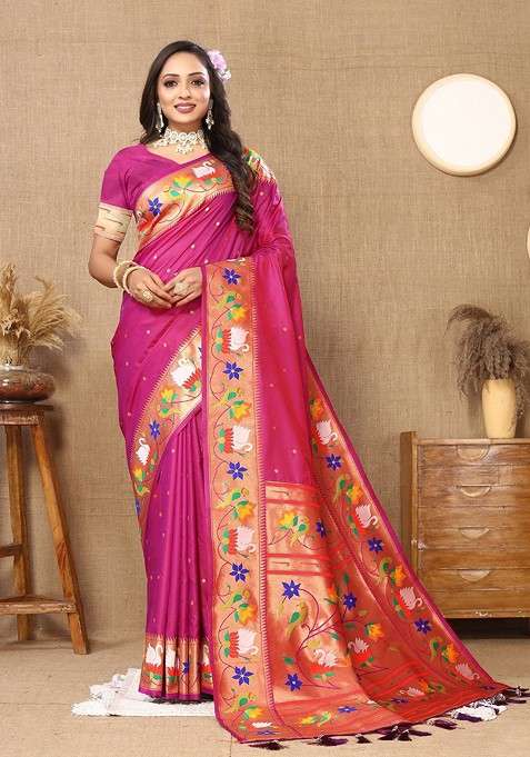 Magenta Zari Blended Saree Set with Printed for Diwali | Wedding & Festive Wear