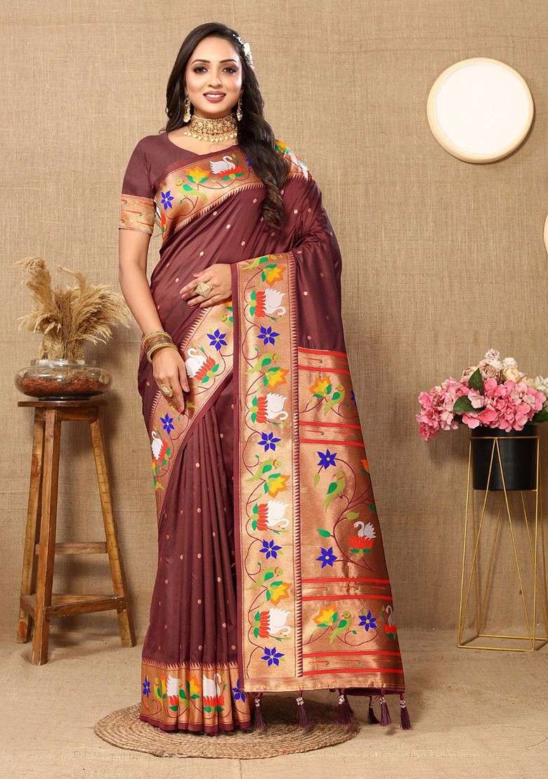 Brown Zari Printed Blended Saree Set for Diwali and Festive Wear - Indya
