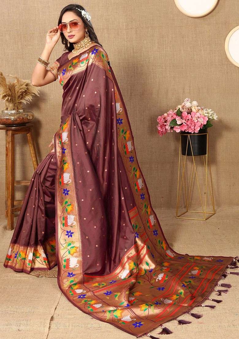 Brown Zari Printed Blended Saree Set for Diwali and Festive Wear - Indya