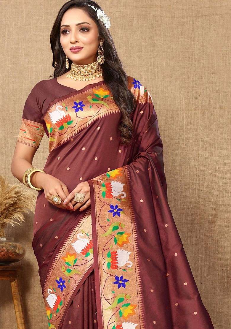 Brown Zari Printed Blended Saree Set for Diwali and Festive Wear - Indya