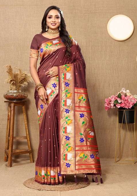Brown Zari Printed Blended Saree Set for Diwali and Festive Wear