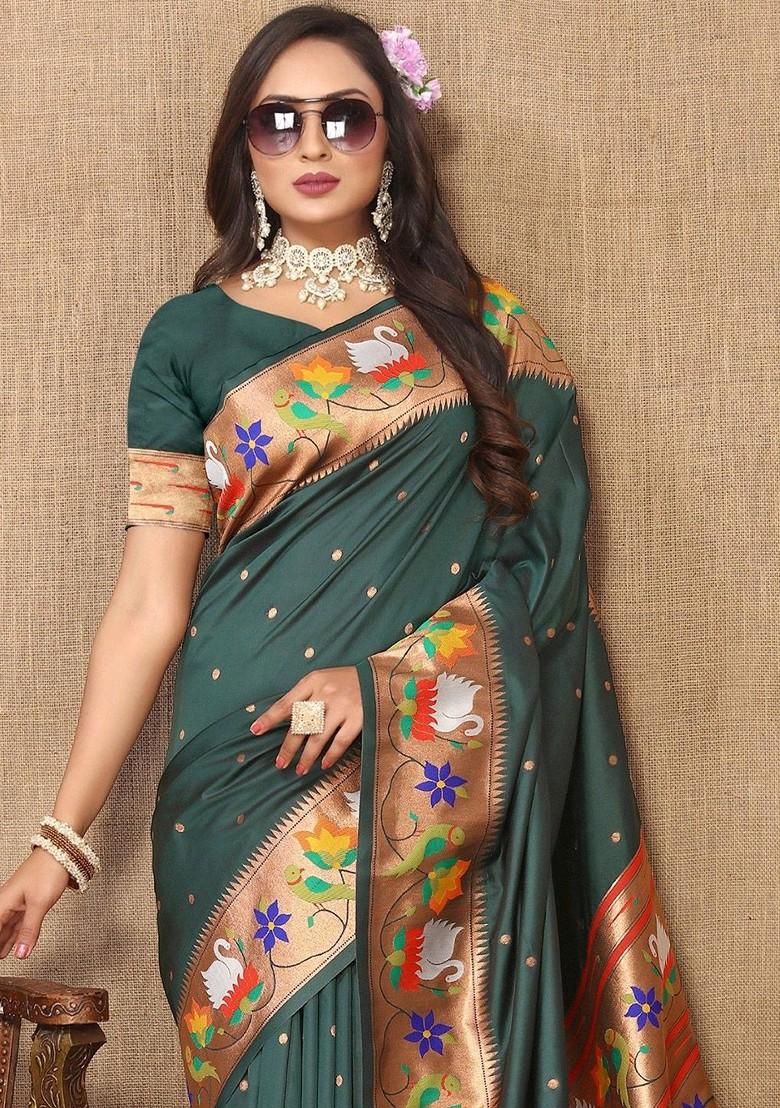 Green Zari Printed Blended Saree Set - Indya