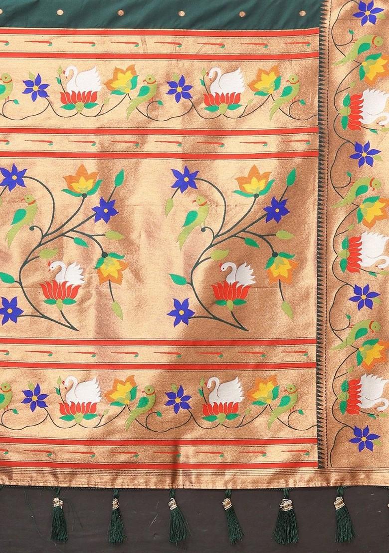 Green Zari Printed Blended Saree Set - Indya