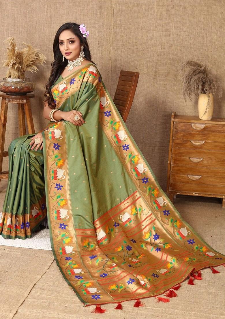 Green Zari Printed Blended Saree Set - Indya