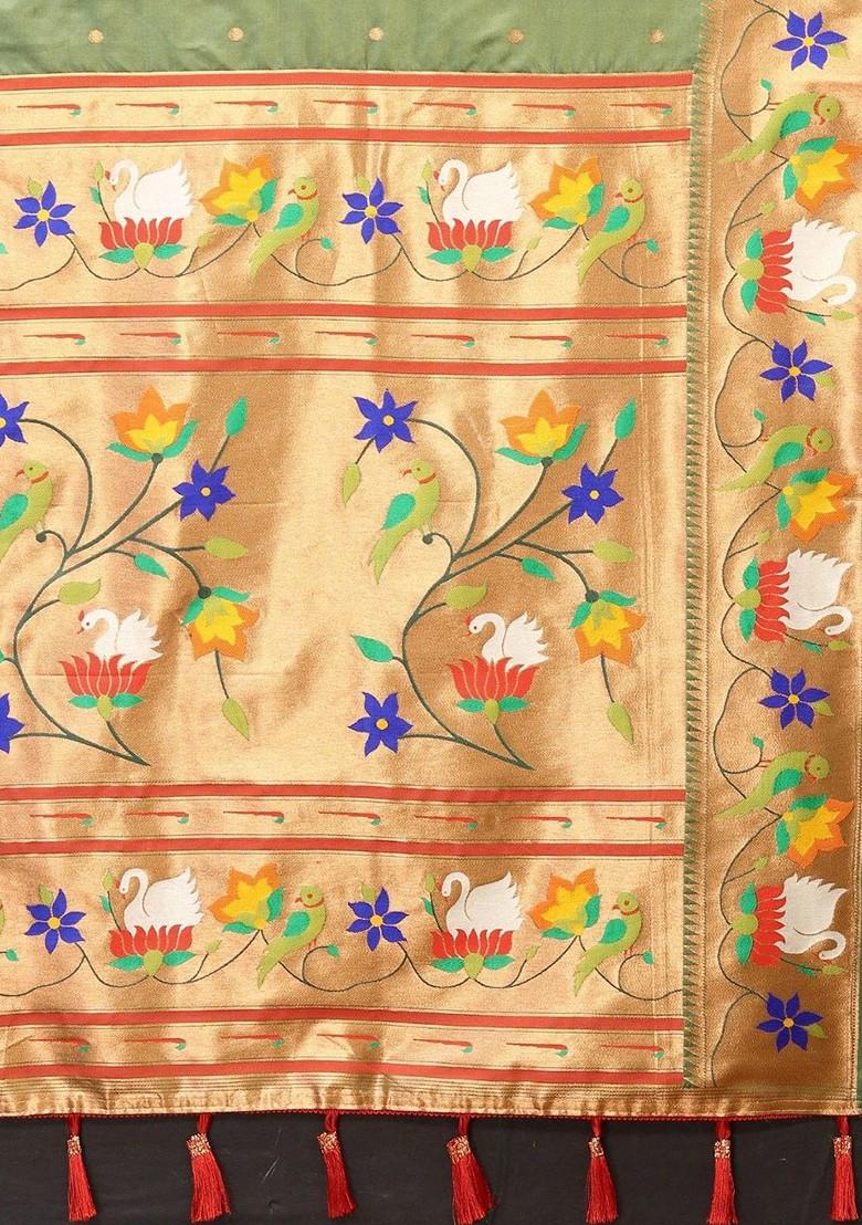 Green Zari Printed Blended Saree Set - Indya