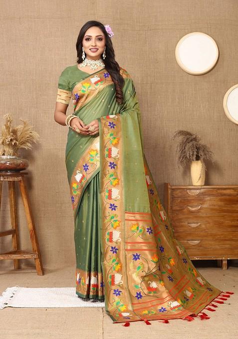 Green Zari Printed Blended Saree Set