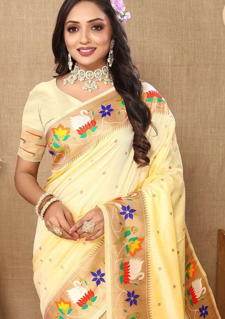 Cream Zari Printed Blended Saree Set - Indya