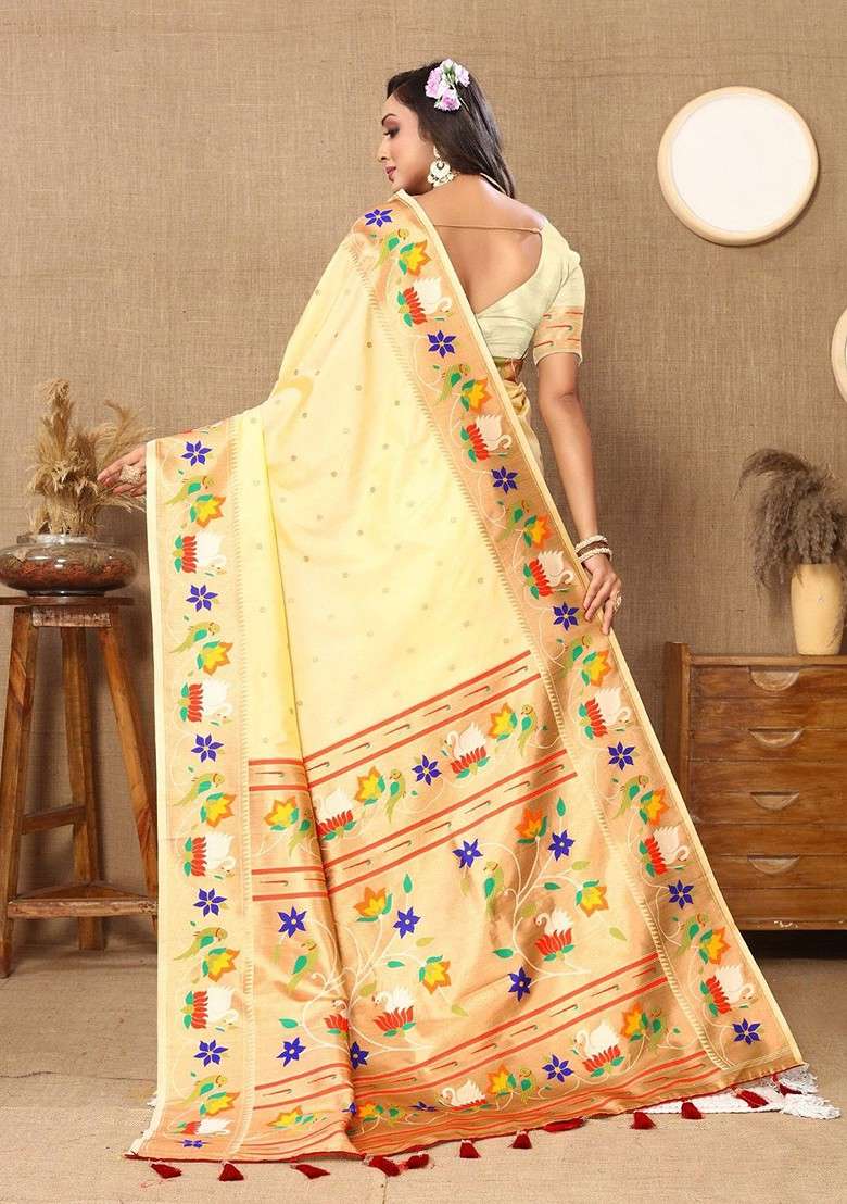 Cream Zari Printed Blended Saree Set for Diwali and Festive Wear - Indya