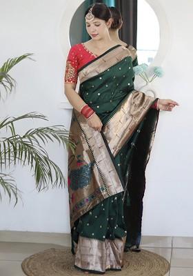 Green Zari Printed Blended Saree Set