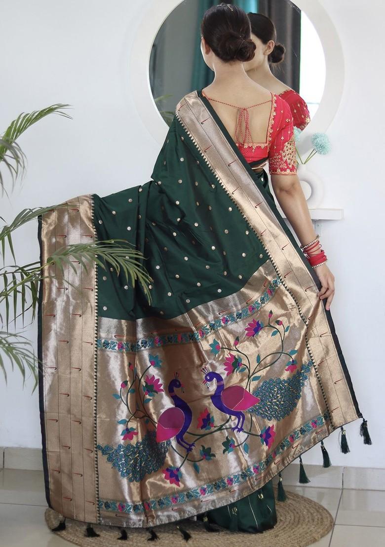 Green Zari Printed Blended Saree Set - Indya