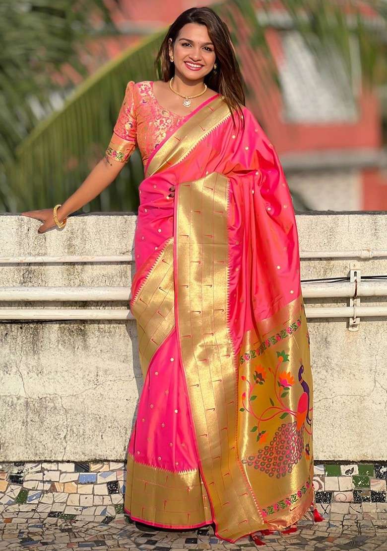 Peach Embroidered Blended Saree Set for Diwali and Festive Wear - Indya