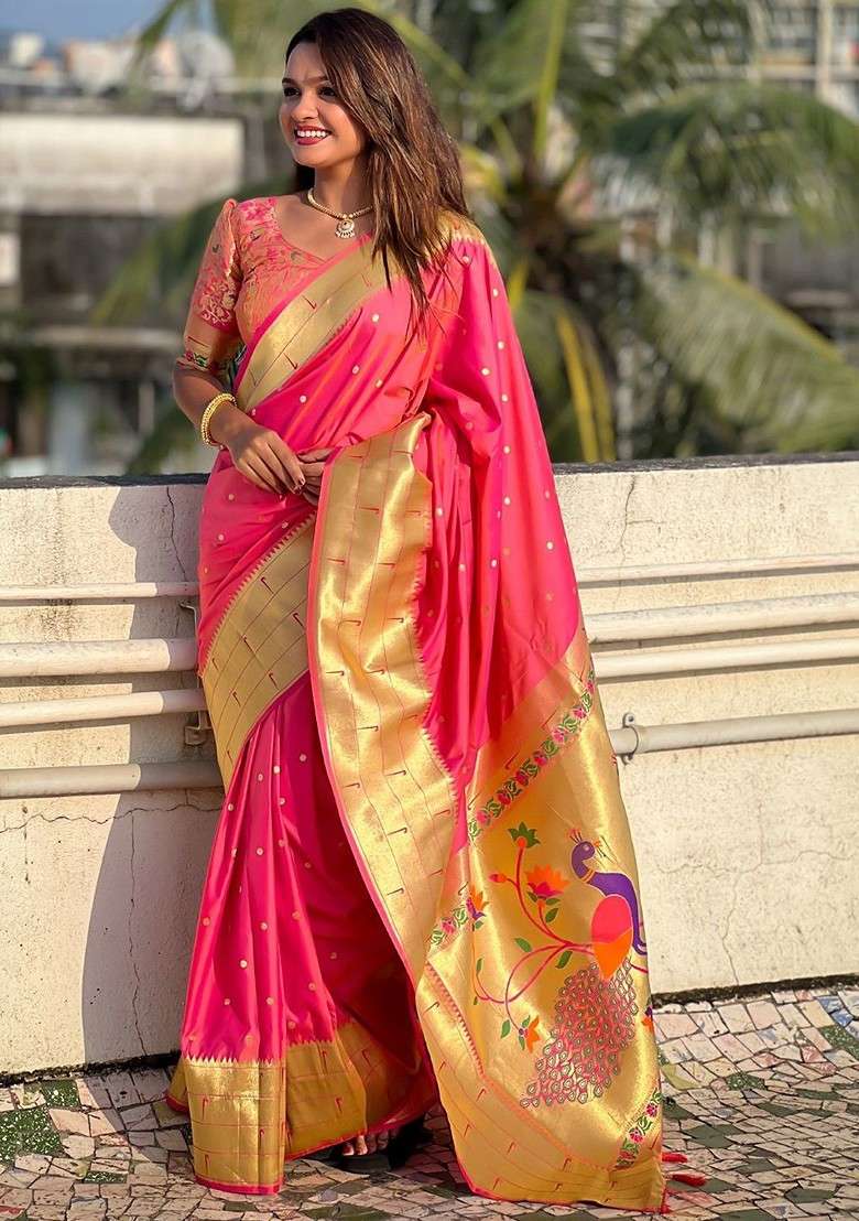 Peach Embroidered Blended Saree Set for Diwali and Festive Wear - Indya