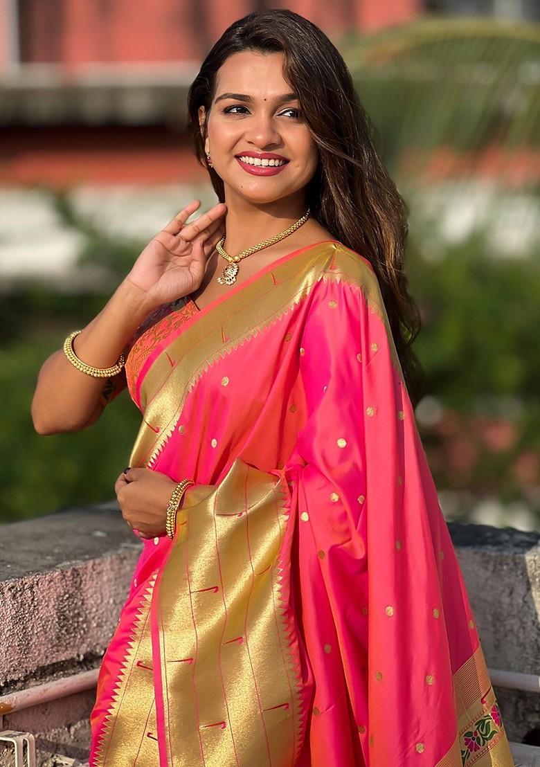 Peach Embroidered Blended Saree Set - Indya