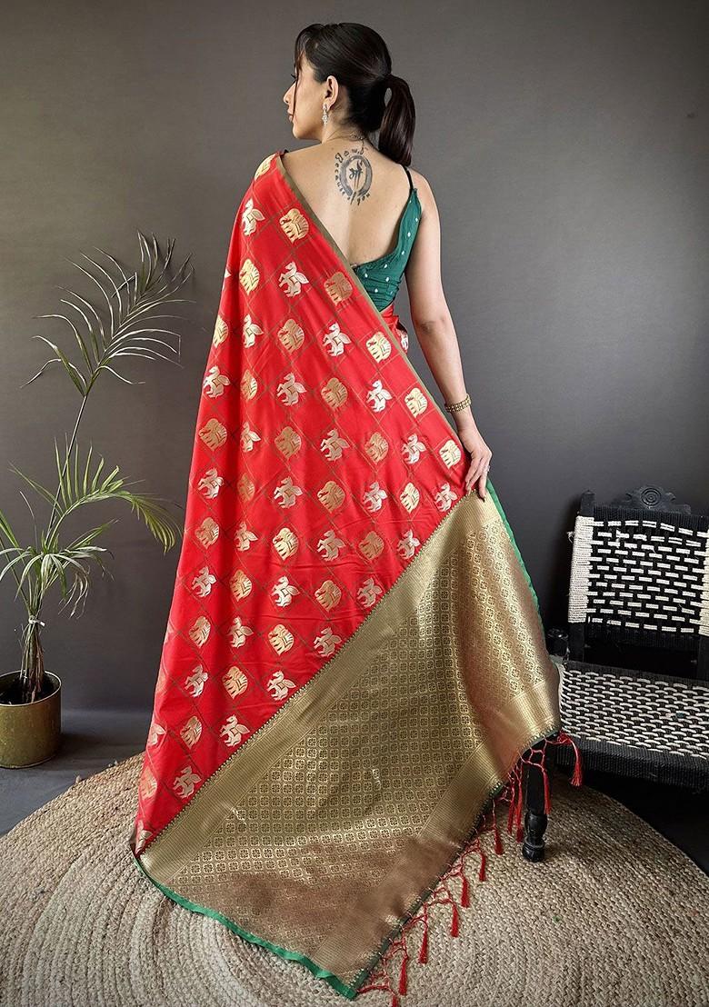 Red Zari Printed Blended Saree Set - Indya