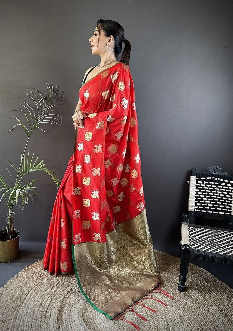 Red Zari Printed Blended Saree Set - Indya