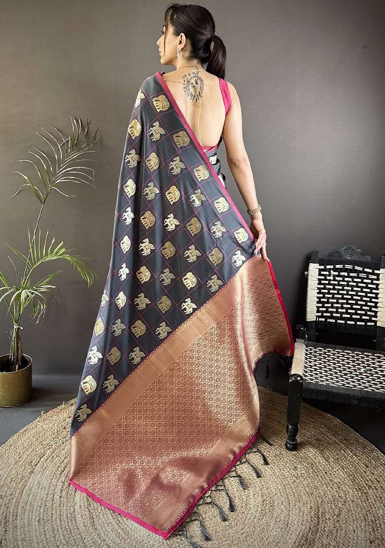 Grey Zari Printed Blended Saree Set for Diwali and Festive Wear - Indya